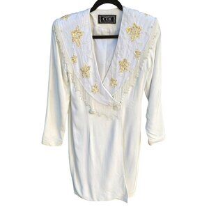CDC Evening Vintage White Dress Floral Beaded‎ Fringe Long Sleeve Elegant RetroM